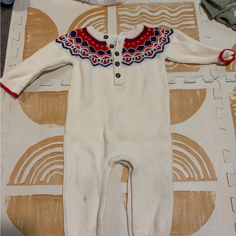 Hanna Andersson White Fair Isle Knit Baby Footie with Red & Navy Yoke